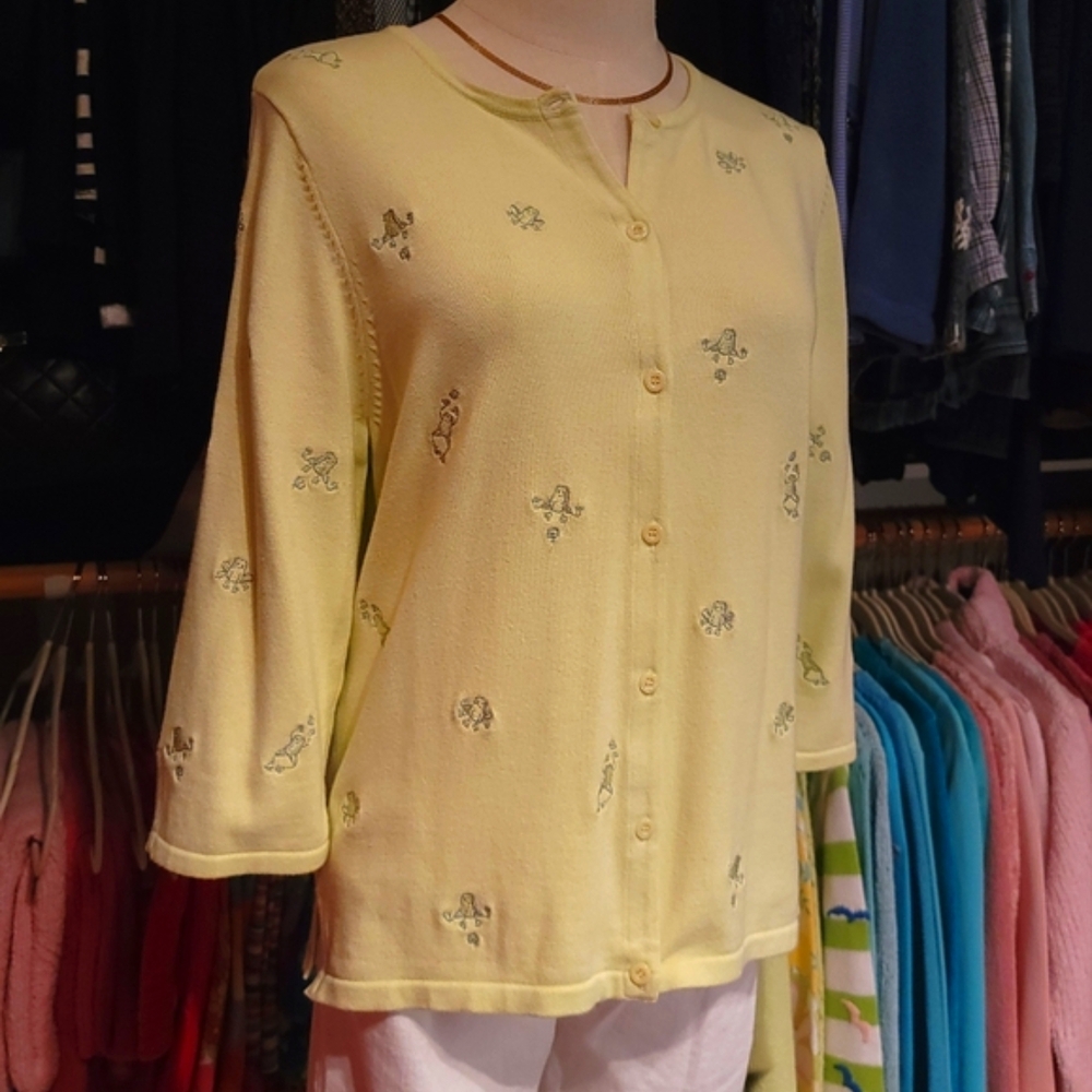 CHRISTOPHER & BANKS 🐸 Vintage Lime Green Embroidered Froggy Cardigan Sweater M